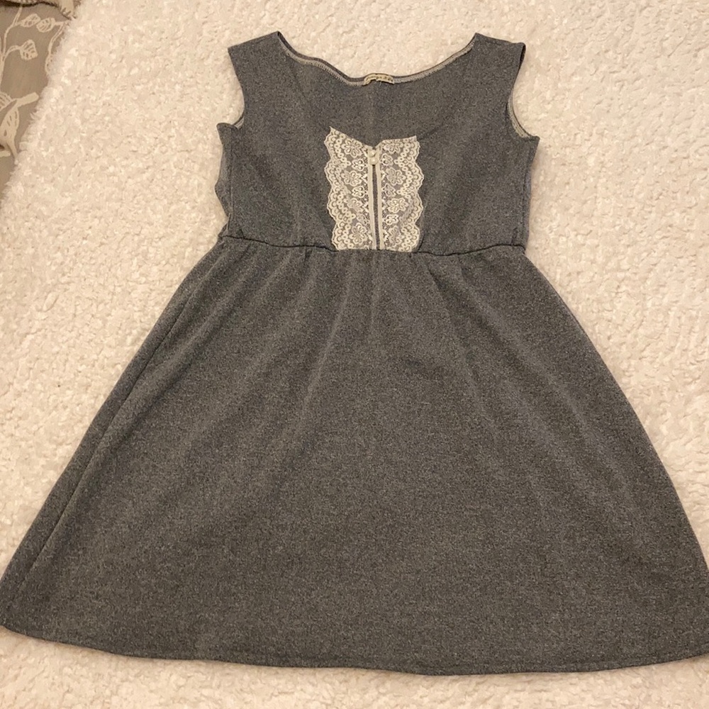 Gray Jersey A-Line Dress with Lace/Botton Details